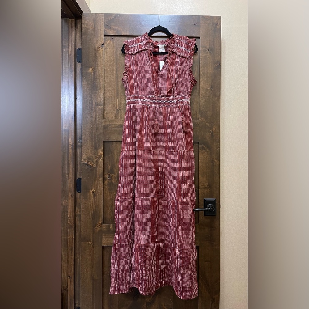 NWT-Ariat Women's Fired Brick Textured Stitching Ruffle Sleeveless Long Dress-L